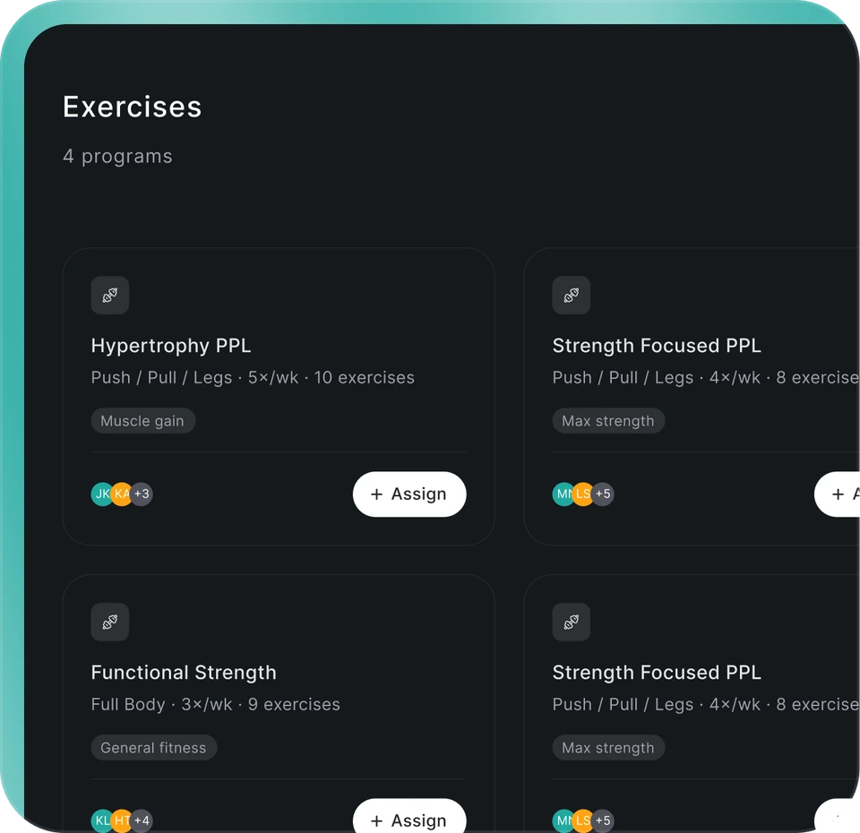 Exercises screen listing four training programs ready to assign