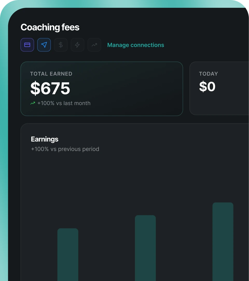 Coaching fees dashboard with $675 total earned and an earnings bar chart