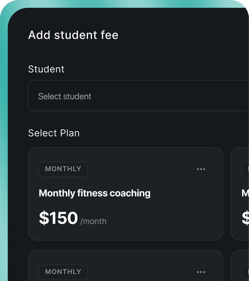 Add student fee form with a $150 per month monthly fitness coaching plan