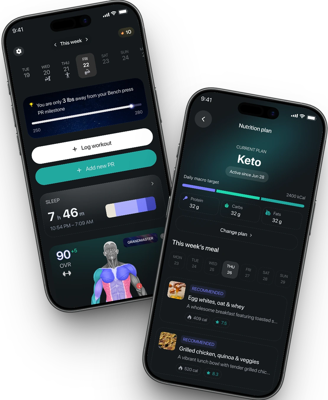 The Arnold athlete app: this week's training plan beside a Keto nutrition plan