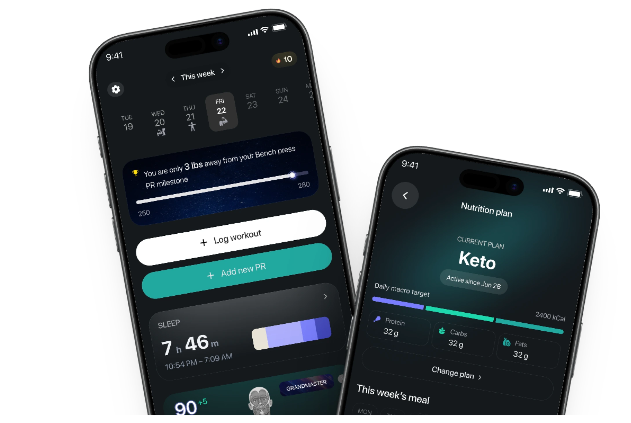 The Arnold athlete app: this week's training plan beside a Keto nutrition plan