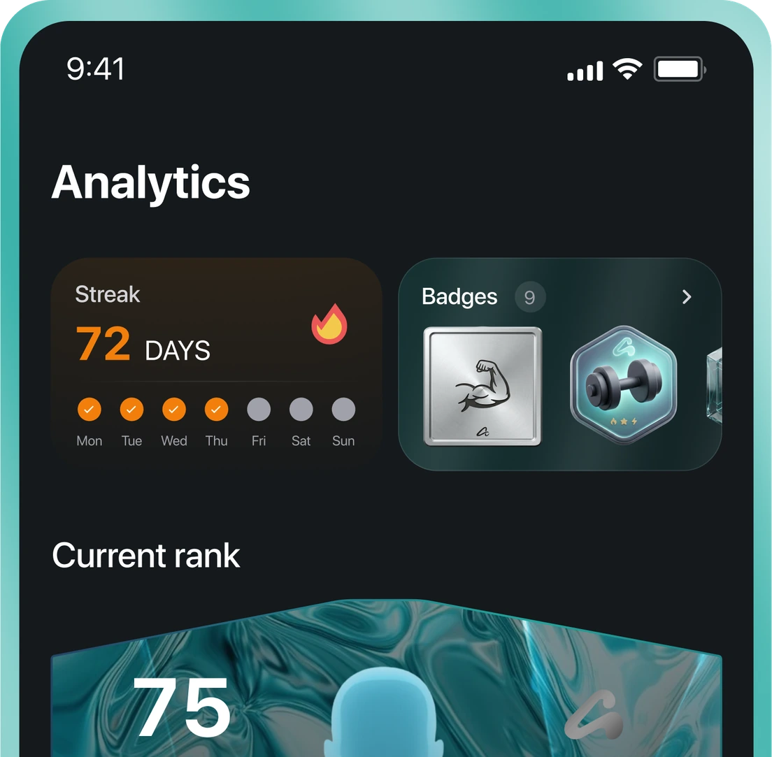 Analytics screen with a 72-day streak, badges and the current rank